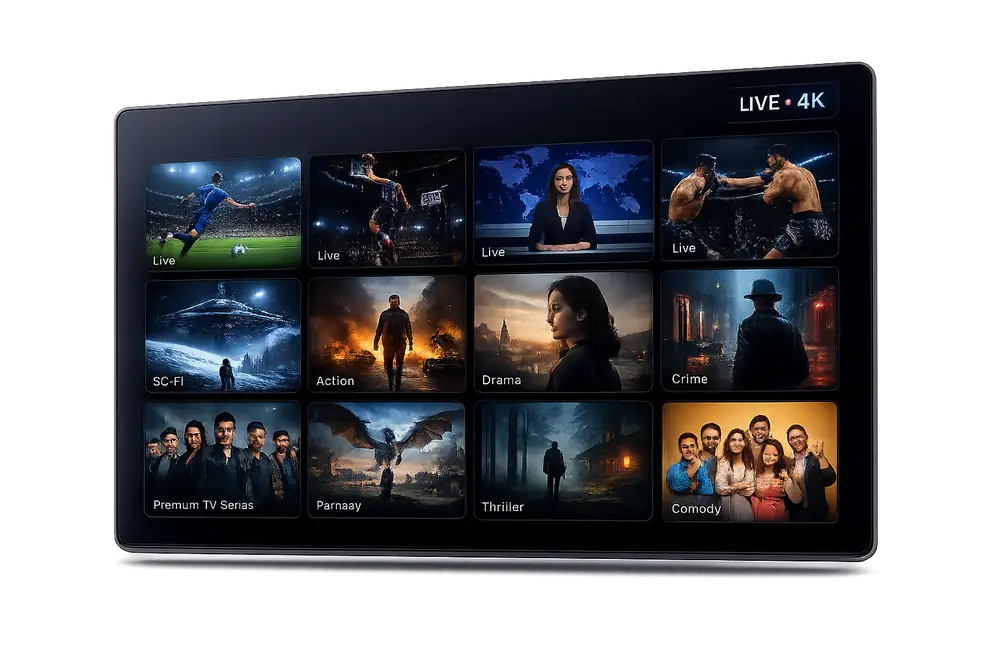 Watch live TV, sports, and movies in 4K with Voodoo Streams IPTV Voodoo Streams IPTV IPTV interface showing live sports, news, and 4K movie channels on a Smart TV